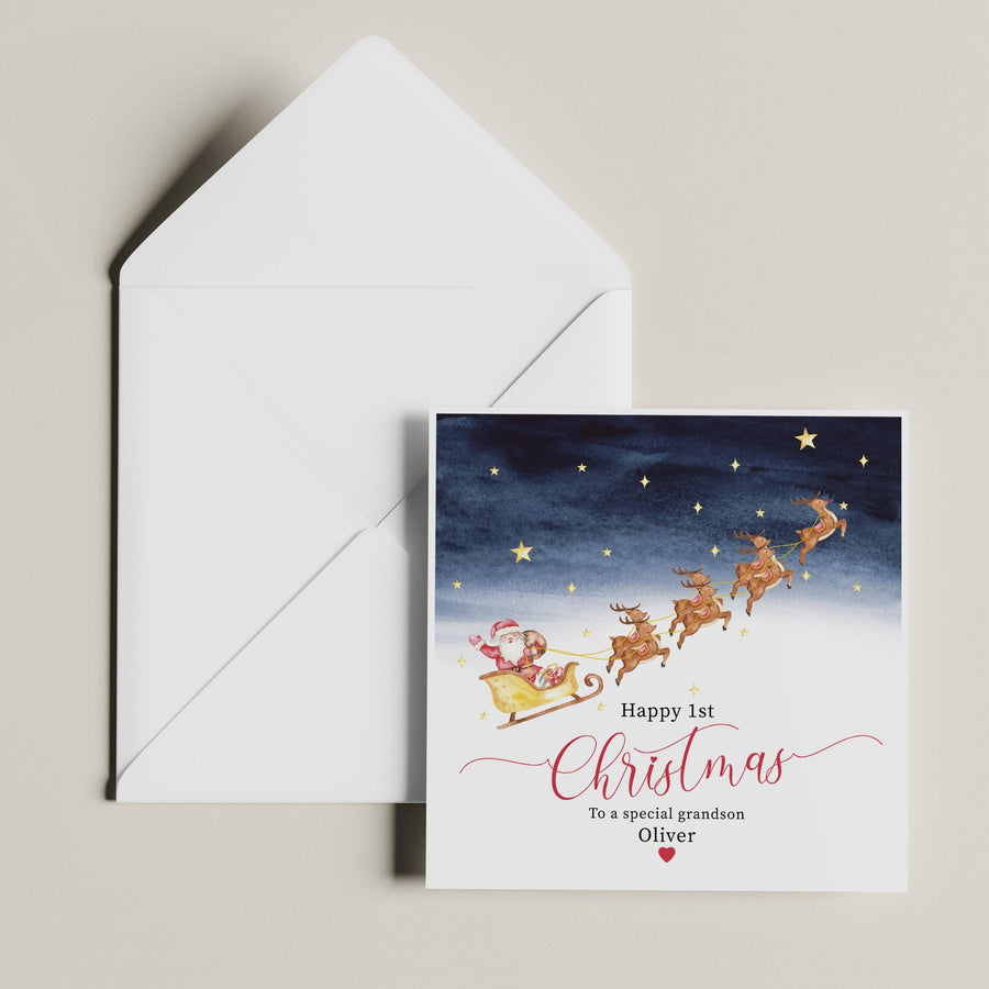 Personalised 1st Christmas Card - Santa Watercolor - Grandson