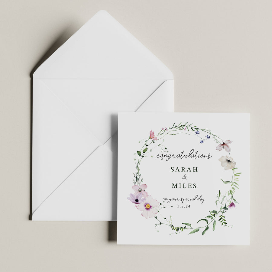 Personalized Newlyweds Wedding Card with Foliage Wreath Design