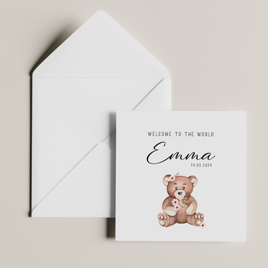 Personalised New Baby Card - Teddy Bear Animal Greeting Card for Baby Girl