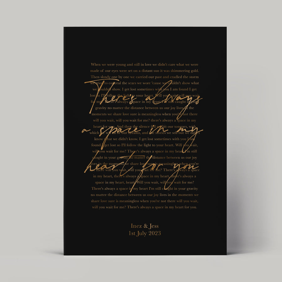 Personalised Metallic Foil Song Lyrics Print