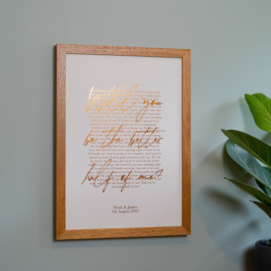 Personalised Metallic Foil Song Lyrics Print