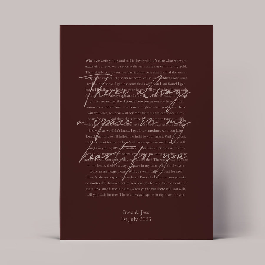 Personalised Metallic Foil Song Lyrics Print