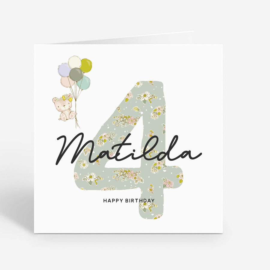 4th Birthday Card for Girl - Floral Personalised