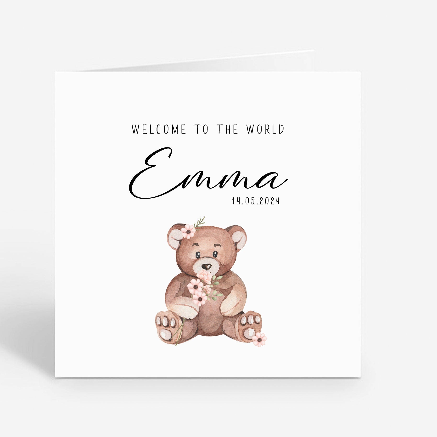 Personalised New Baby Card - Teddy Bear Animal Greeting Card for Baby Girl