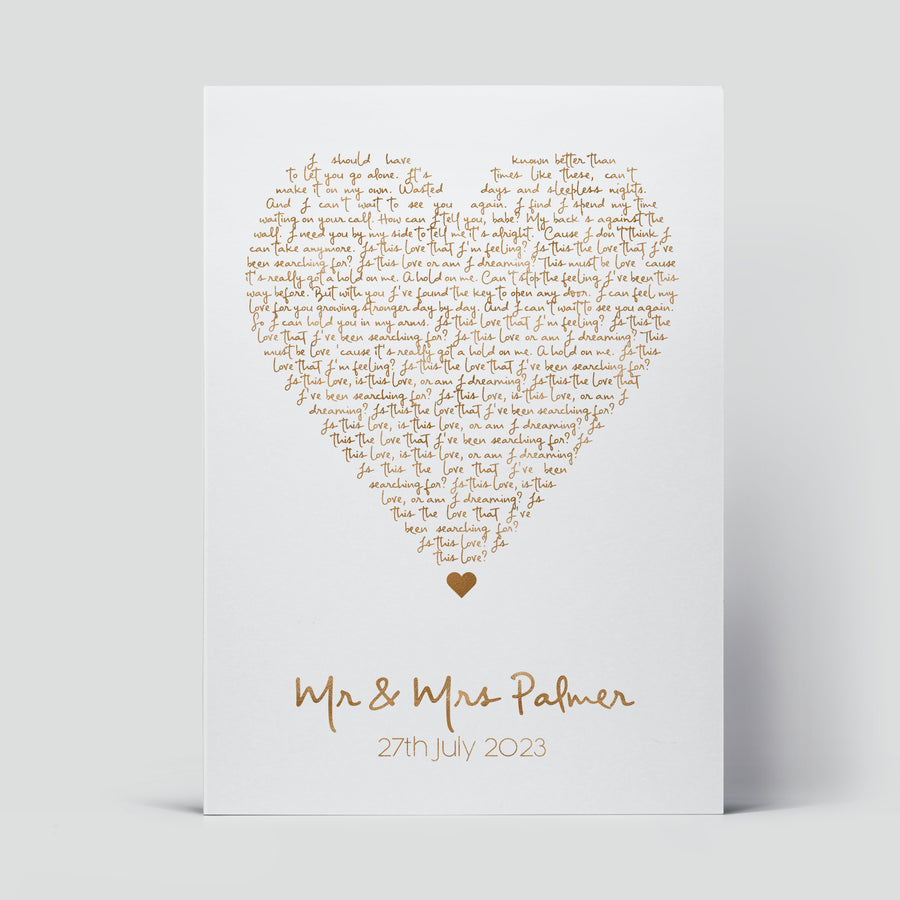 Personalised Metallic Foil Song Lyrics Heart Print