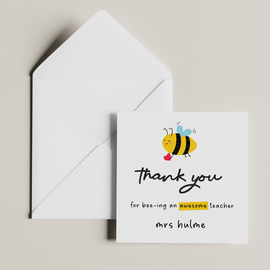 Custom Teacher Thank You Card Cute Bee Design Personalized End of Term Gift Amazing Teacher