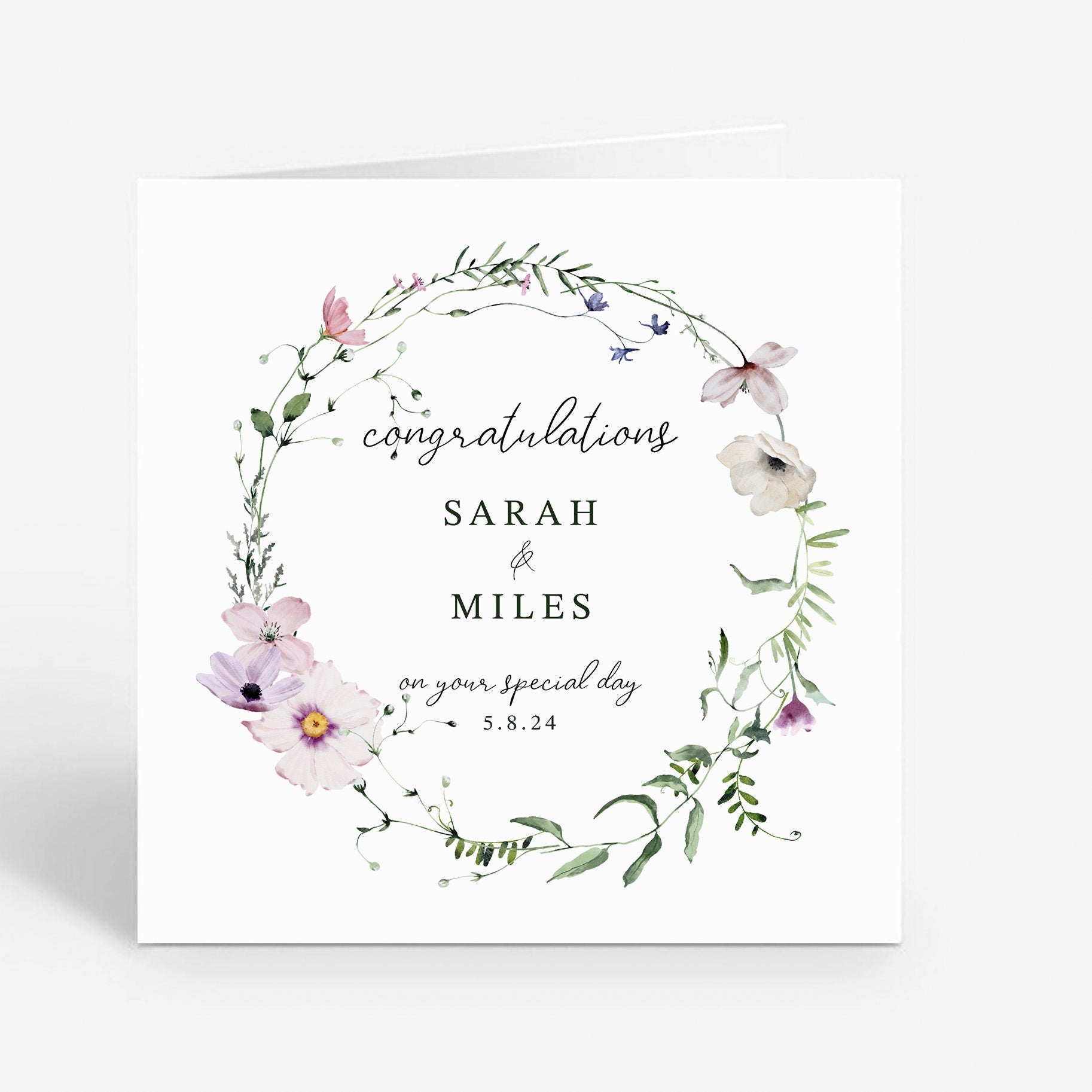 Personalized Newlyweds Wedding Card with Foliage Wreath Design