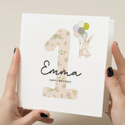 1st Birthday Card for Girl with Bunny Rabbit and Flowers Personalized