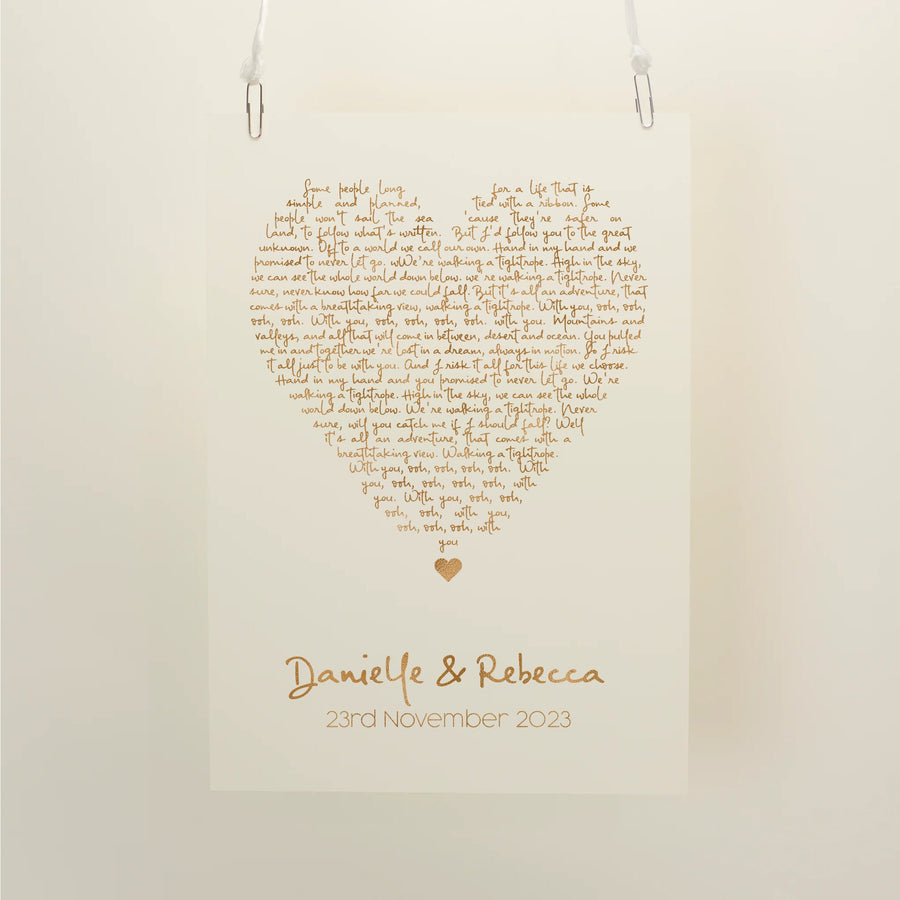 Personalised Metallic Foil Song Lyrics Heart Print