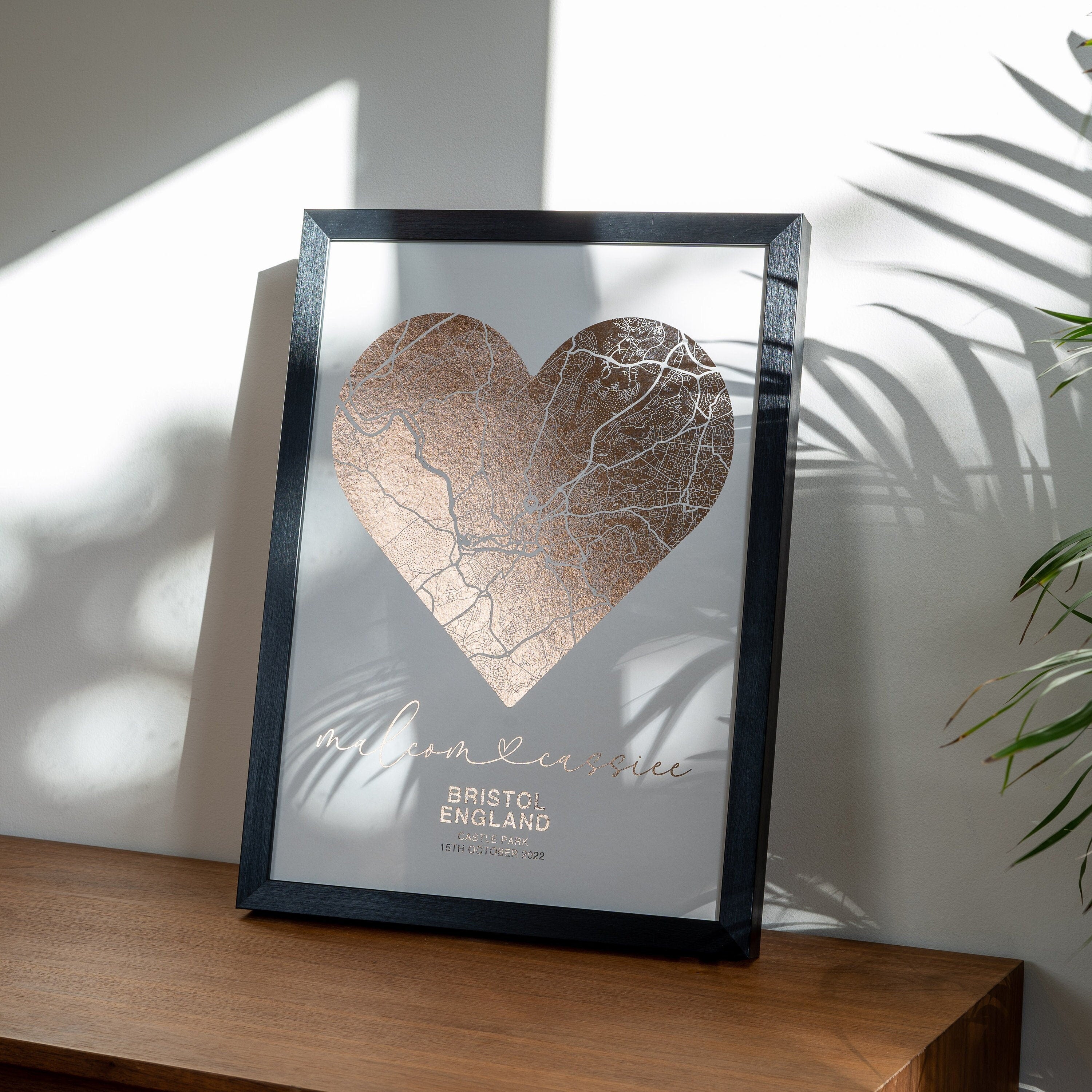 Heart Shaped Foil Map Personalised Print