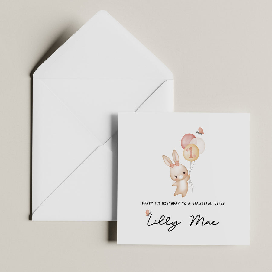 Personalized 1st Birthday Card - Bunny Rabbit Girls Niece Celebration