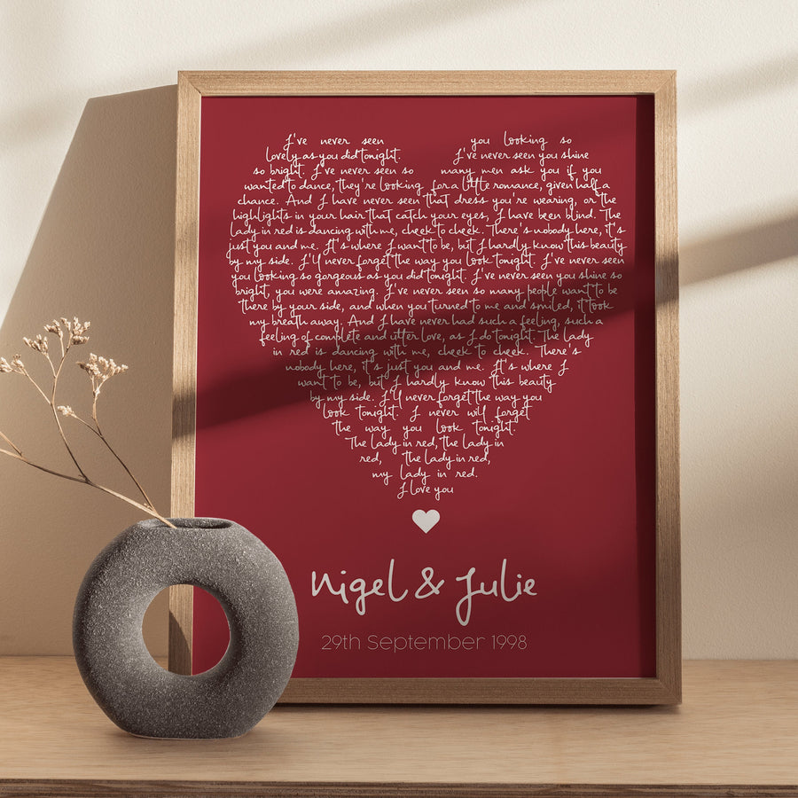 Personalised Heart Song Lyrics Print